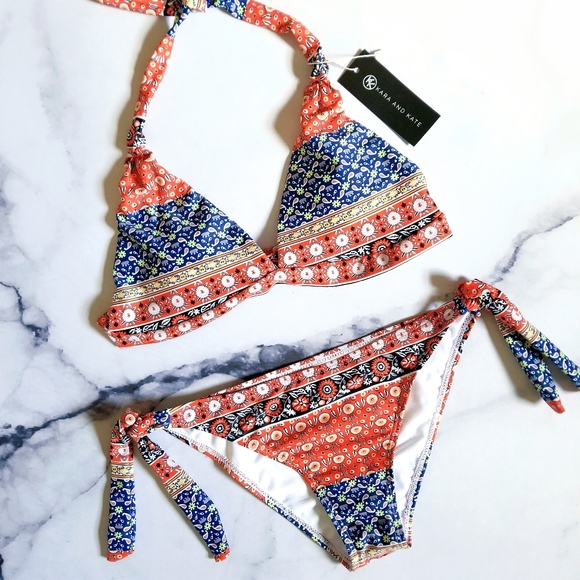 PLZ READ INFO IN DETAILS Boho Halter Bikini Top and Self-Tie Bikini Bottom Set - Picture 2 of 8